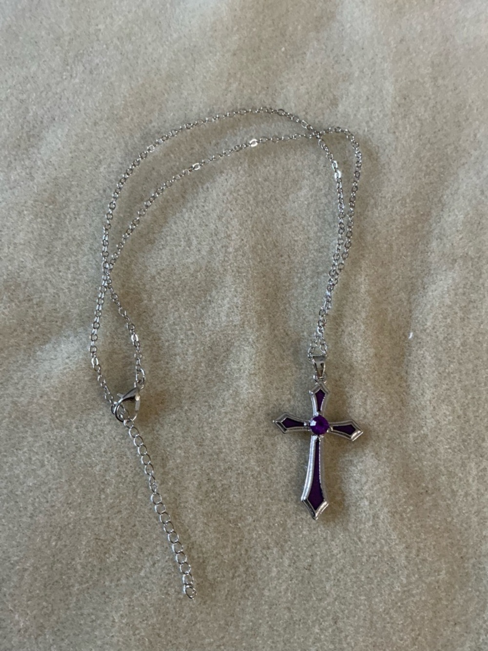 Silvery Cross Pendant Necklace with Purple Inlay, 22”